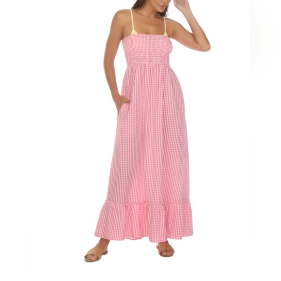 Raviya Women's Maxi Dress Swim Cover Up Size M 100% Cotton Pink White Check - Picture 7 of 15